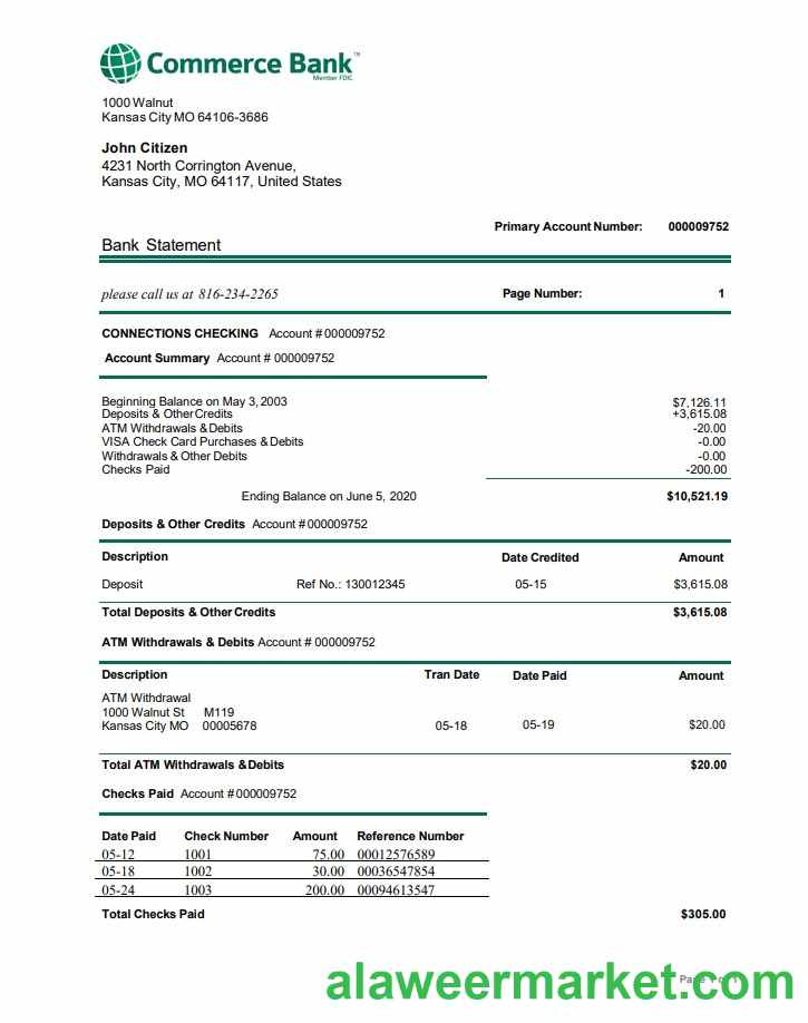 USA Commerce bank proof of address statement template in Word and PDF format